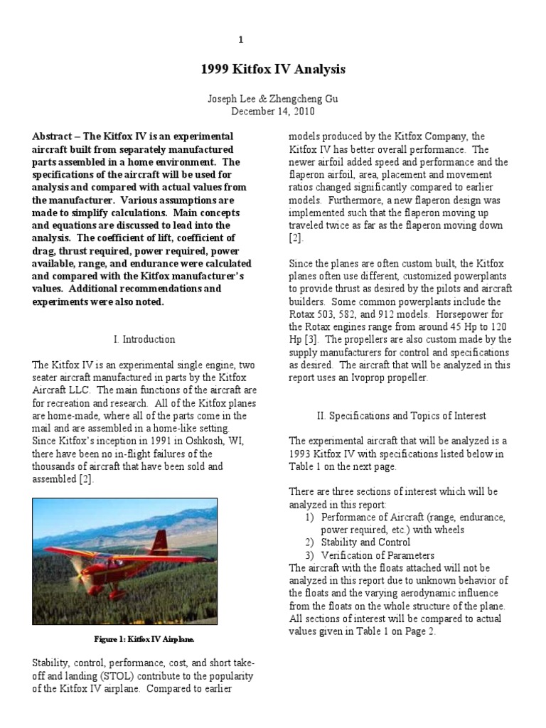 1999 Kitfox IV Analysis Final Version | PDF | Aircraft | Drag (Physics)