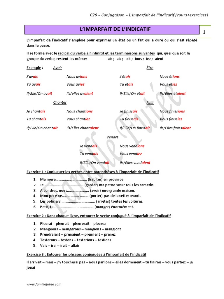 Exercices De Conjugaison En Ligne c20 - Conjugaison - L'imparfait de L'indicatif Cours Exercices PDF | PDF |  Conjugaison | Verbe