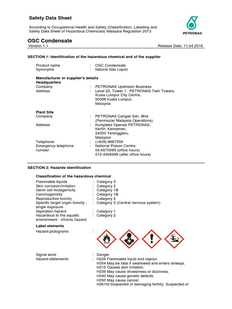 OSC Condensate Safety Data Sheet PDF Dangerous Goods Toxicity