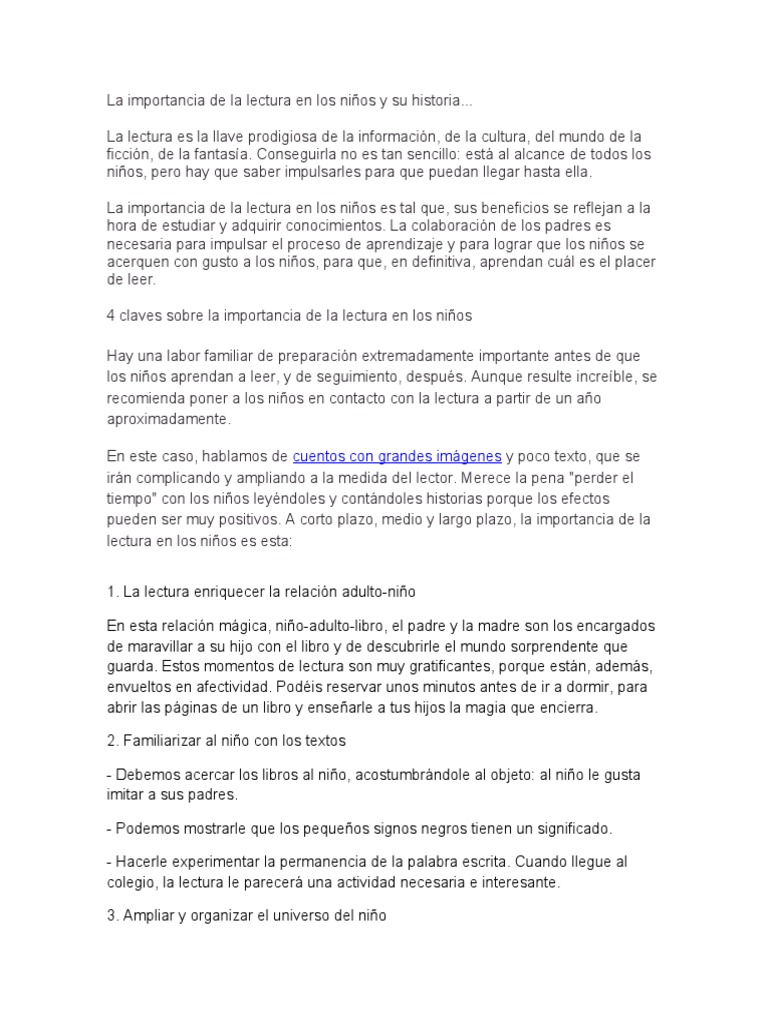 La Importancia de La Lectura en Los Niños y Su Historia Fundamentos ...