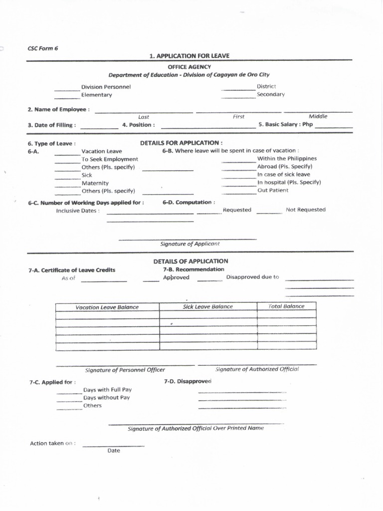 CSC Form 6 - Application For Leave | PDF