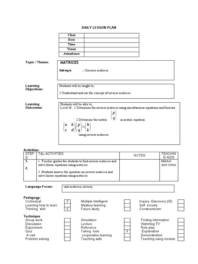 Matrices Lesson Plan: Inverses & Equations | PDF | Matrix (Mathematics ...