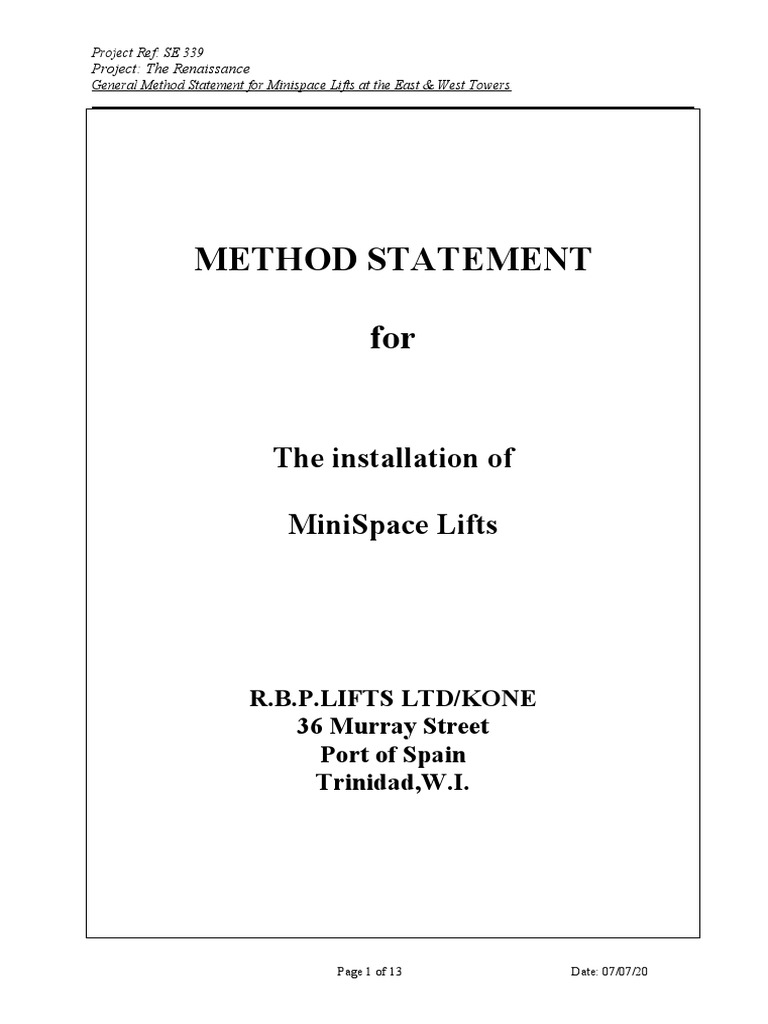 Minispace Lift Installation Method Statement | PDF | Elevator | Scaffolding