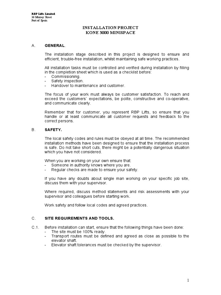 KONE 3000 Minispace Installation Guide | PDF | Elevator | Safety