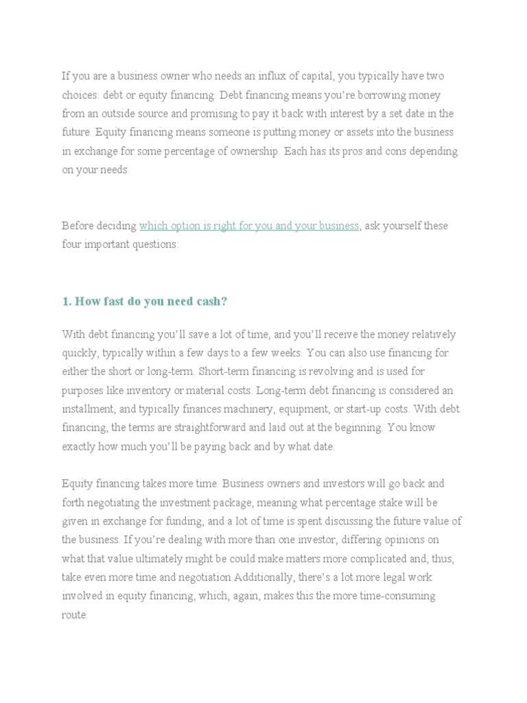 Debt Vs Equity | PDF | Loans | Debt