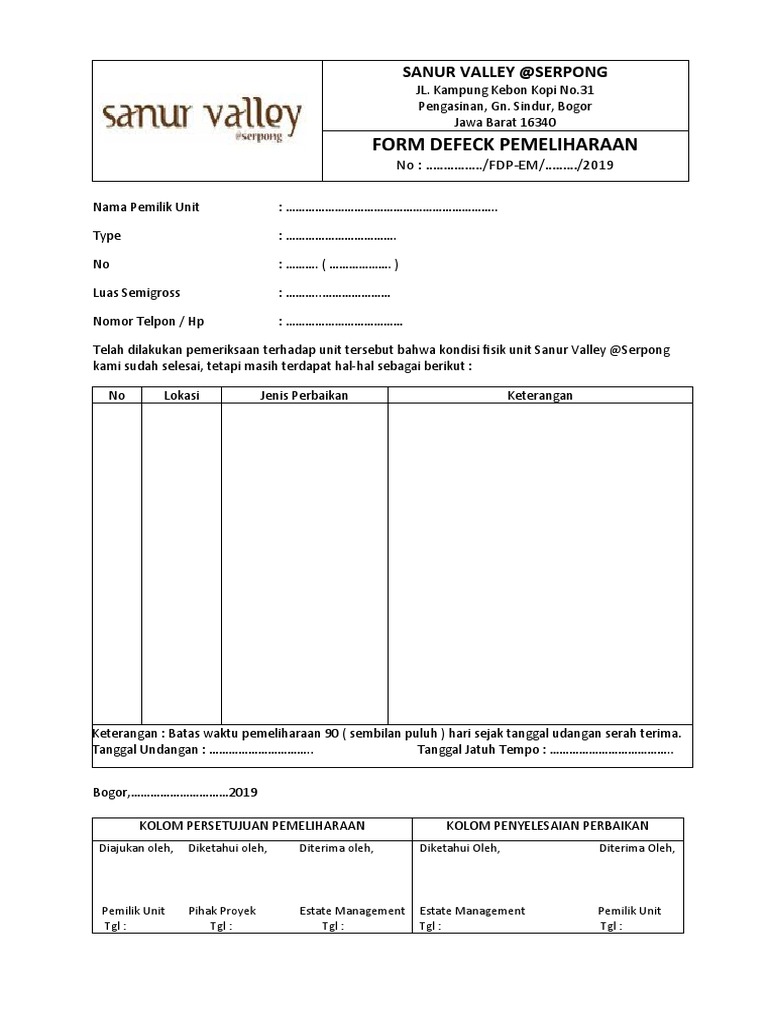 Formulir Defect Sanur Valley Serpong | PDF