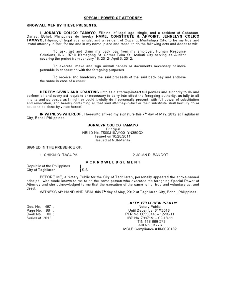 Spa - Back Pay - Tamayo | PDF | Power Of Attorney | Notary Public