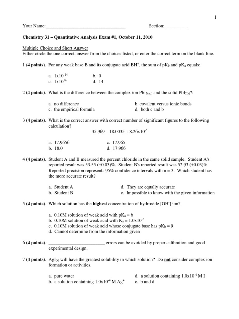 Chemistry 31 Quantitative Analysis Exam | PDF | Acid Dissociation ...