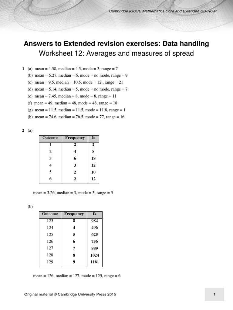 Worksheet 12: Averages and Measures of Spread: Answers To Extended ...
