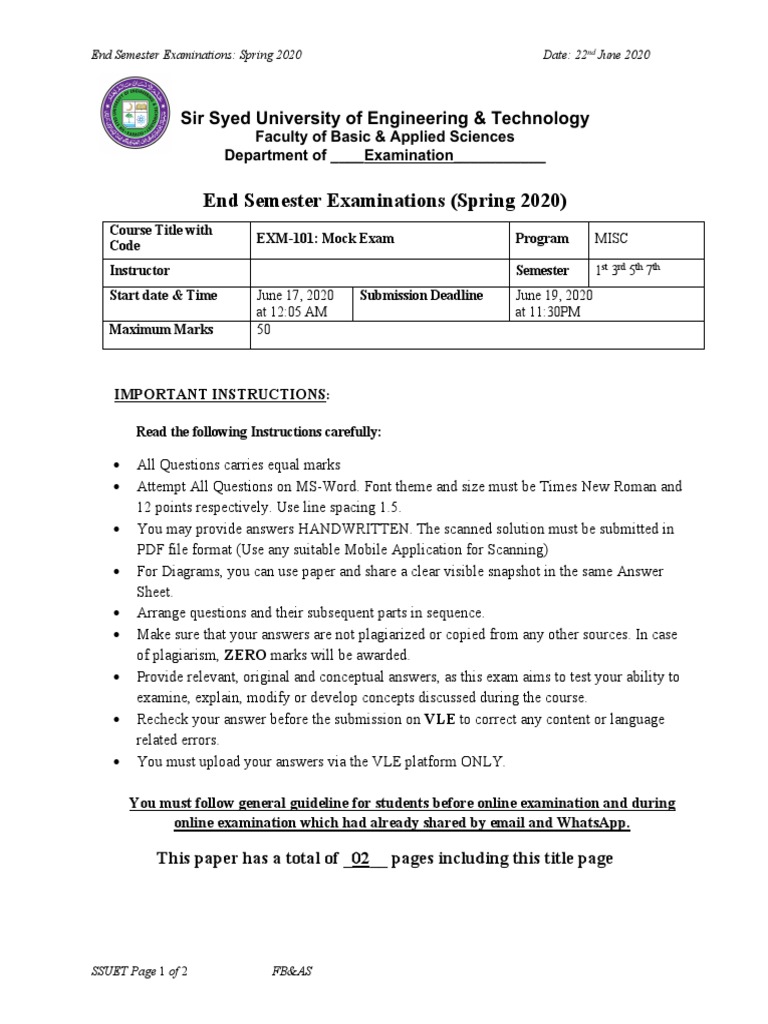 Spring 2020 Mock Exam Instructions | PDF | Test (Assessment) | Computing