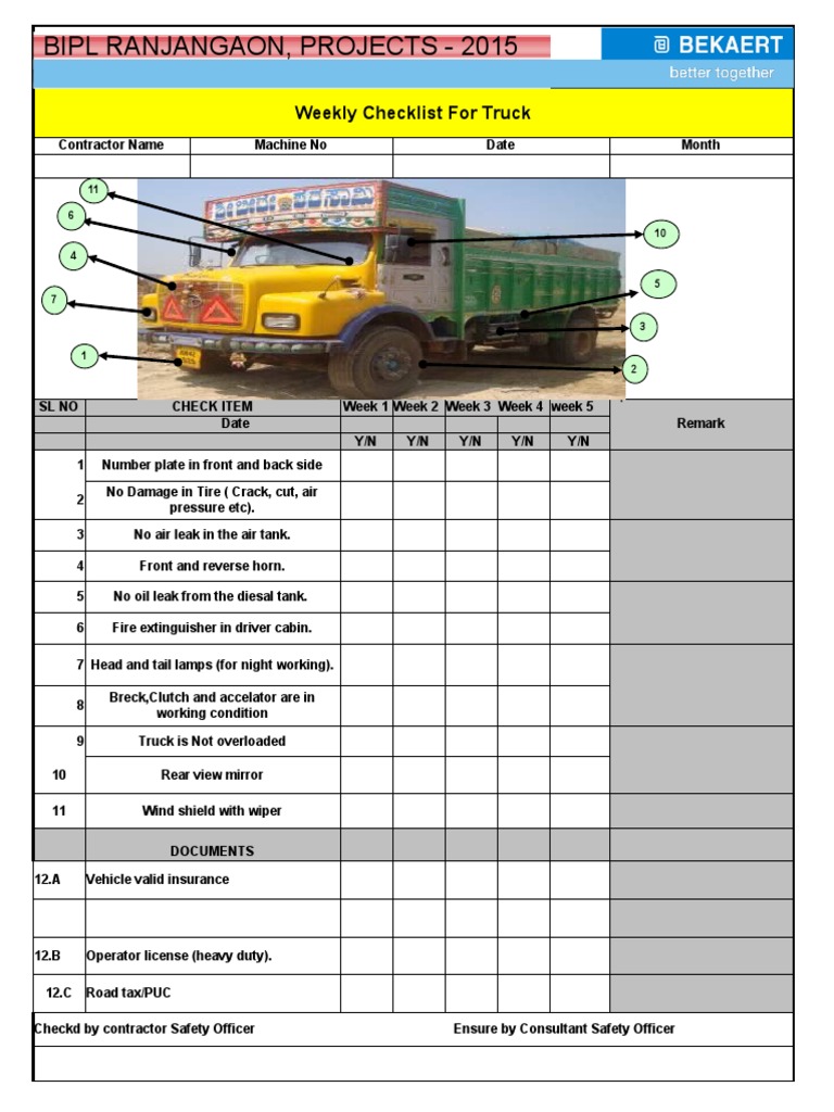 Weekly Checklist Truck Vehicle | PDF