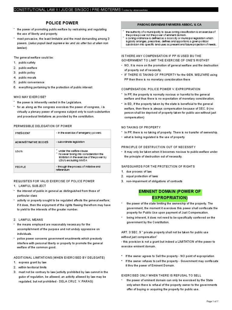 Police Power and Eminent Domain Notes | PDF | Eminent Domain | Due ...