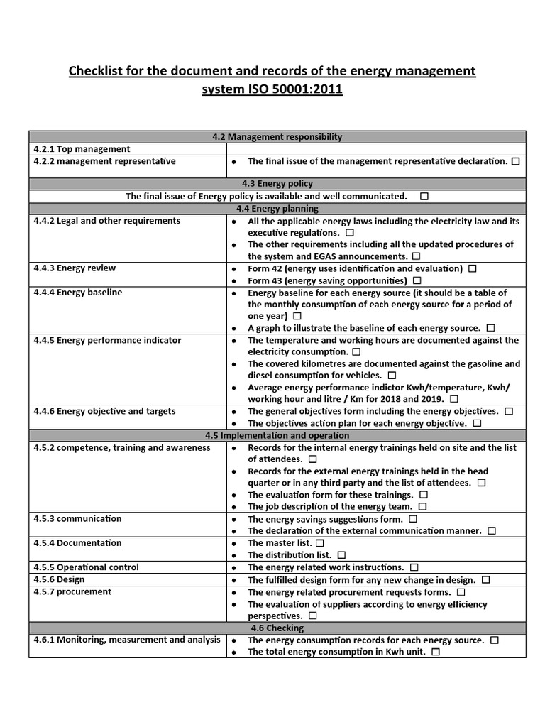 ISO 50001 Energy Management Checklist | PDF | Energy Management ...