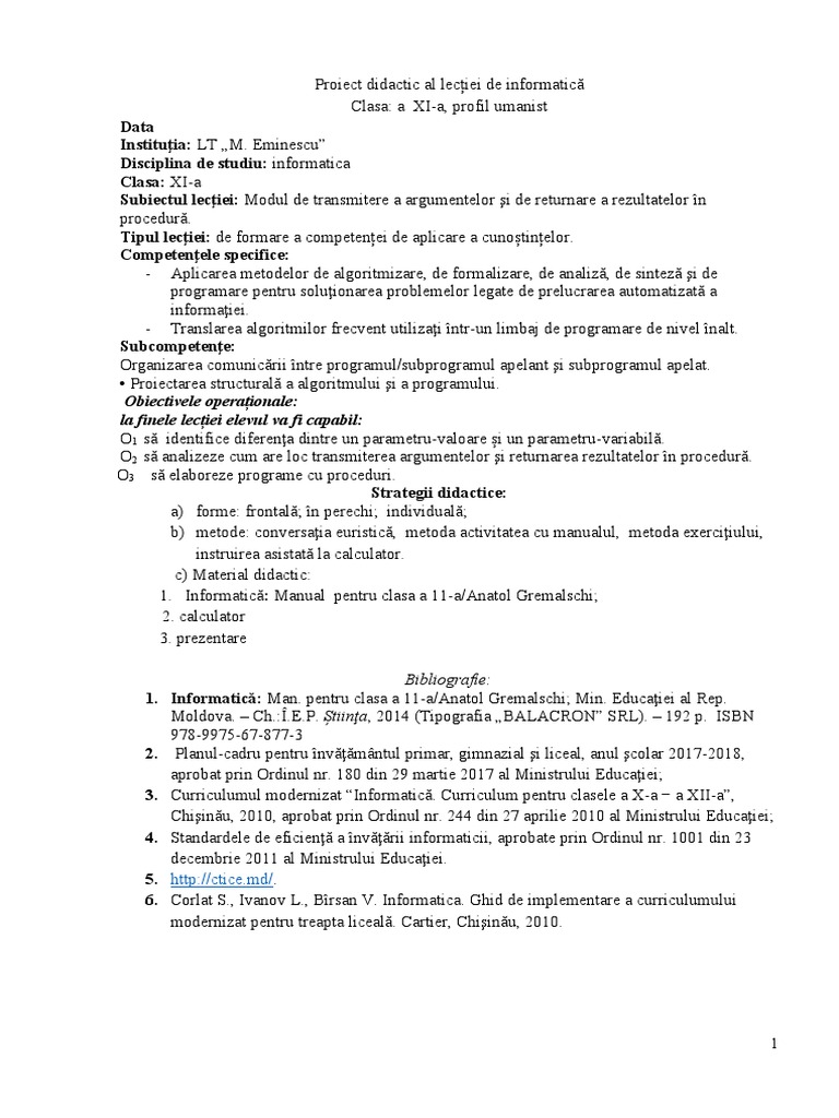 Proiect Didactic Al Lectiei de Informatica | PDF