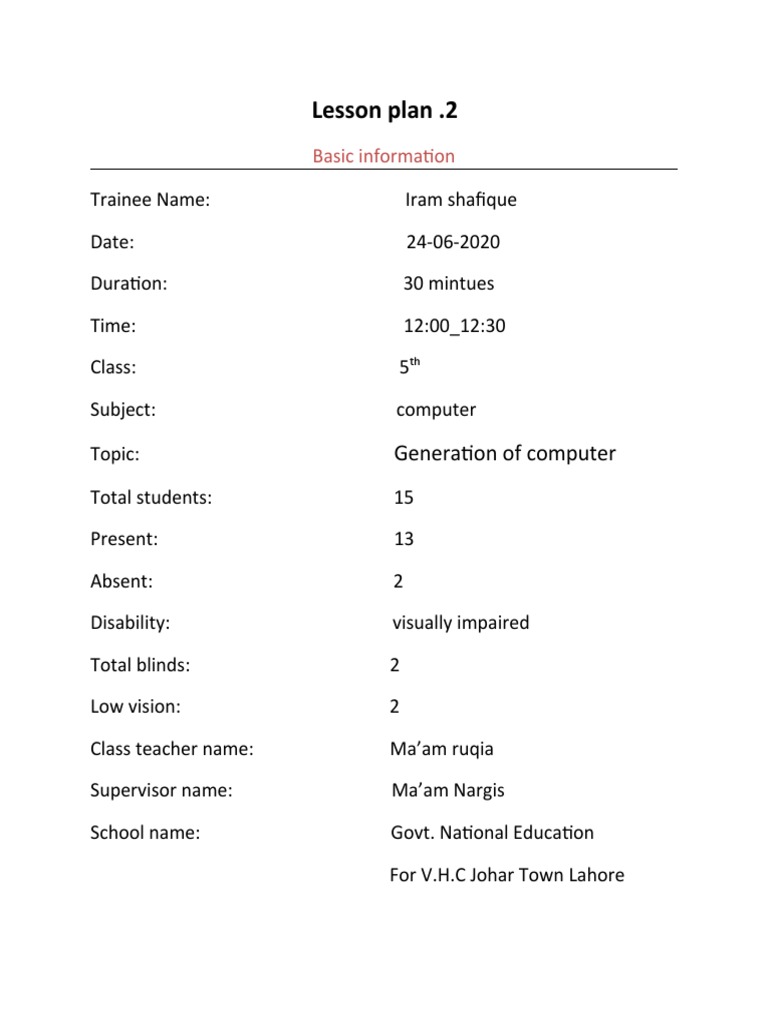Lesson Plan 1 of Computer | PDF | Visual Impairment | Teachers