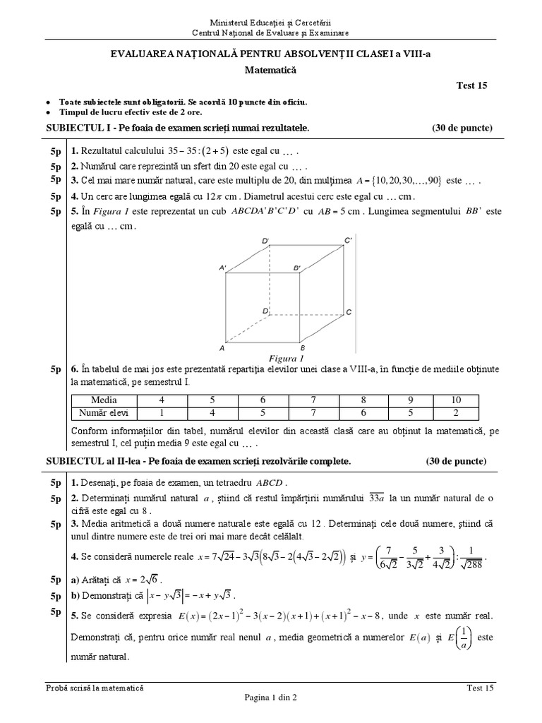 ENVIII Matematica 2020 Test 15 PDF | PDF