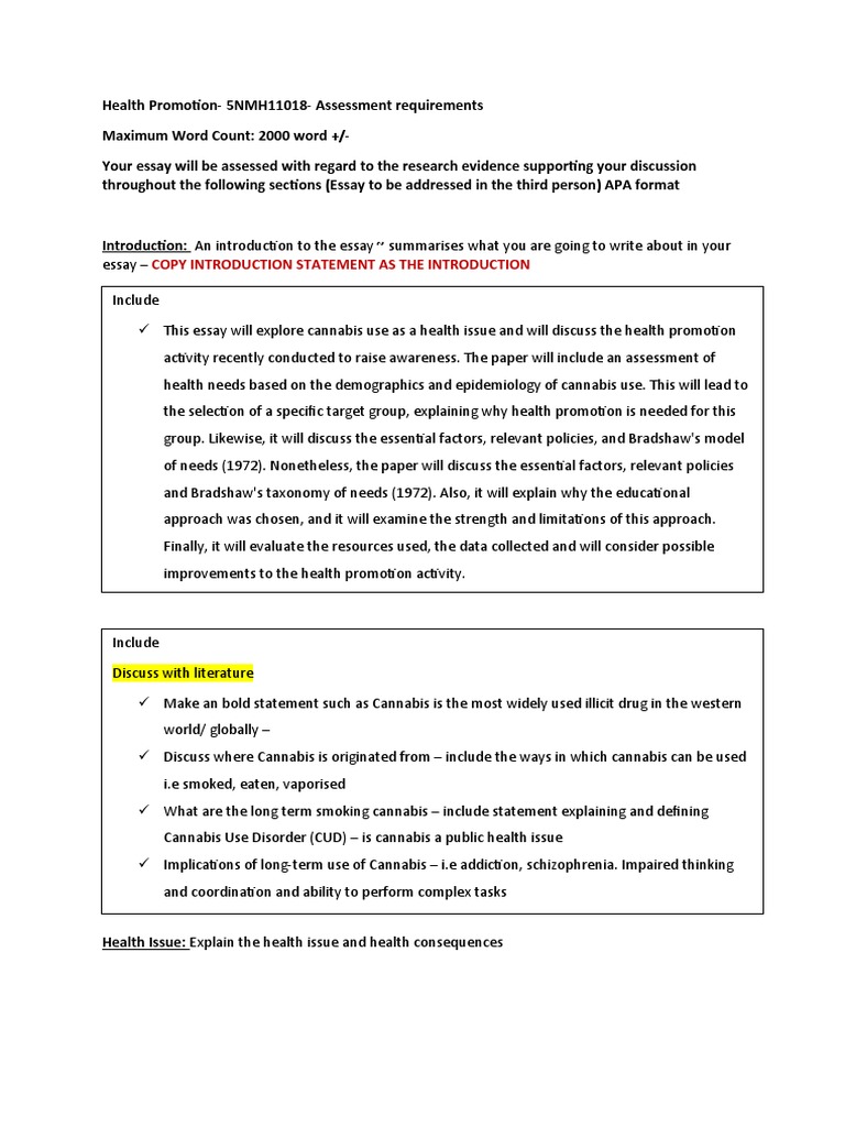 Health Promotion Essay Plan PDF Substance Abuse Substance Dependence