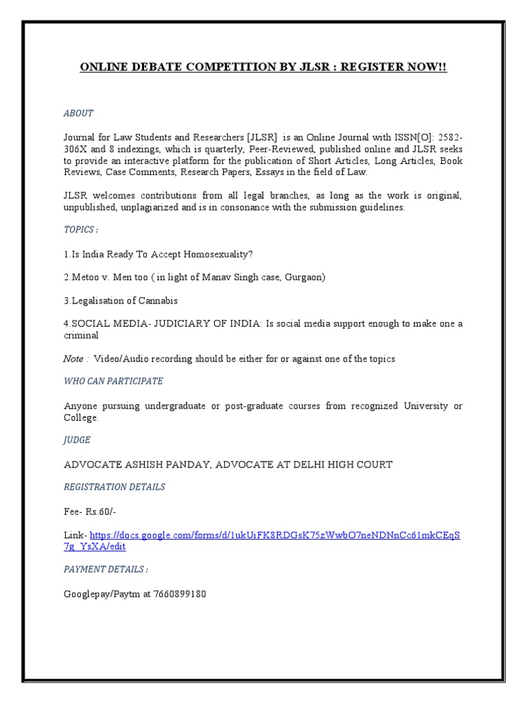 Online Debate Competition by JLSR Register Now!! About PDF