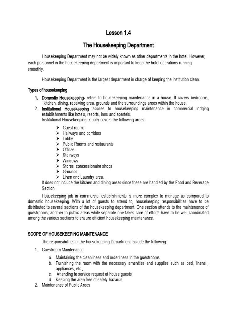 Lesson 1.4 The Housekeeping Department PDF Housekeeping Home