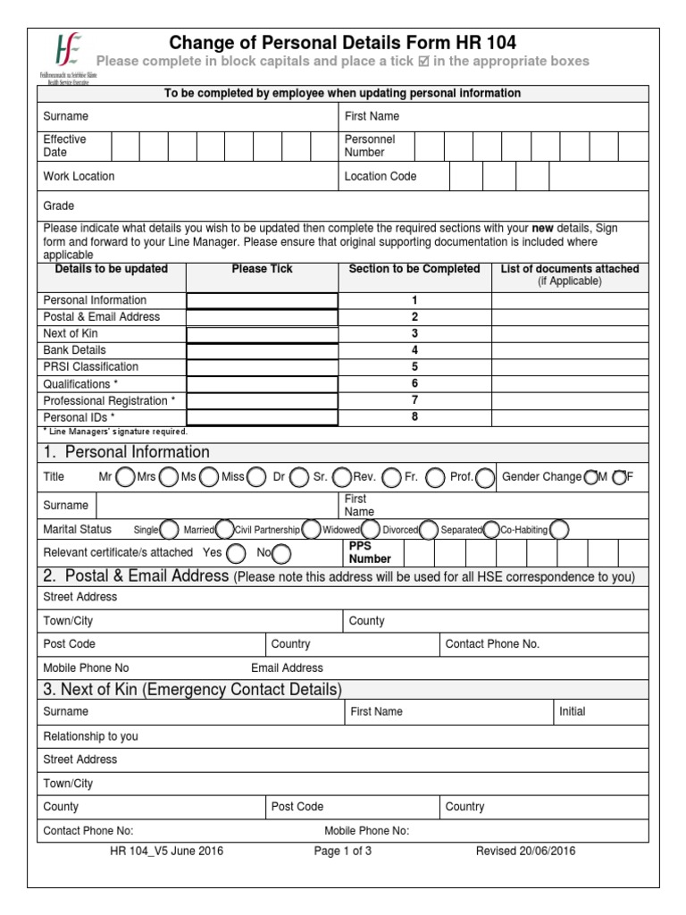 HR 104 Change of Personal Details Form PDF Identity Document Business