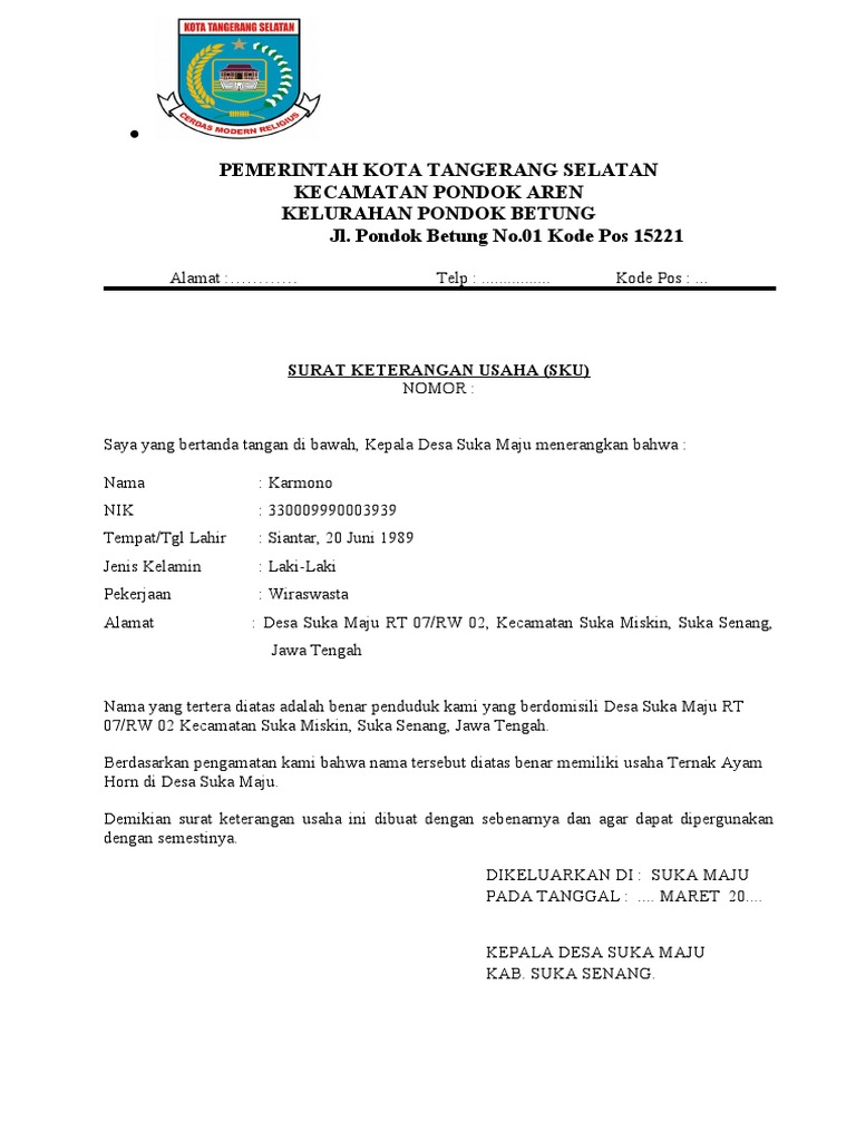 Surat Keterangan Usaha Sku Docx Artikelusaha