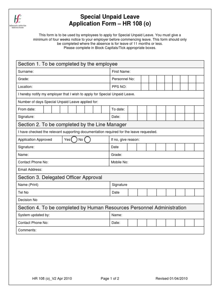 Special Unpaid Leave Application Form - HR 108 (O) : Section 1. To Be ...