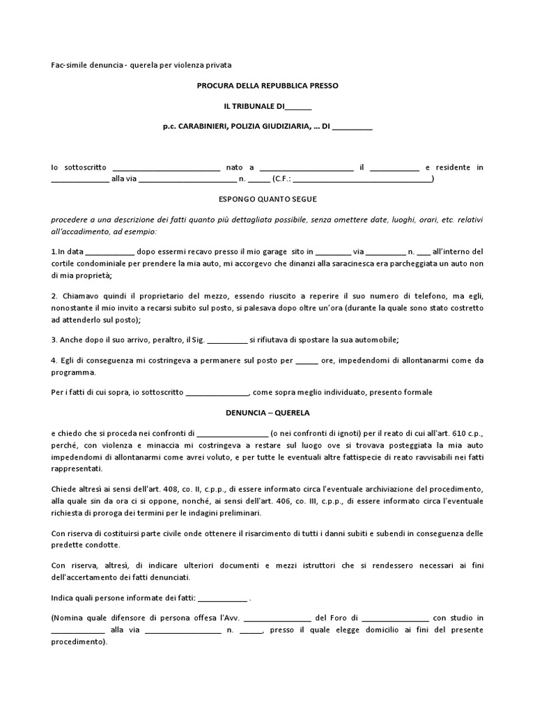 Fac Simile Querela Violenza Privata | PDF