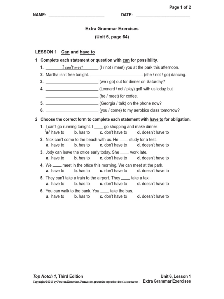 Extra Grammar Exercises (Unit 6, Page 64) Top Notch 1, Third Edition