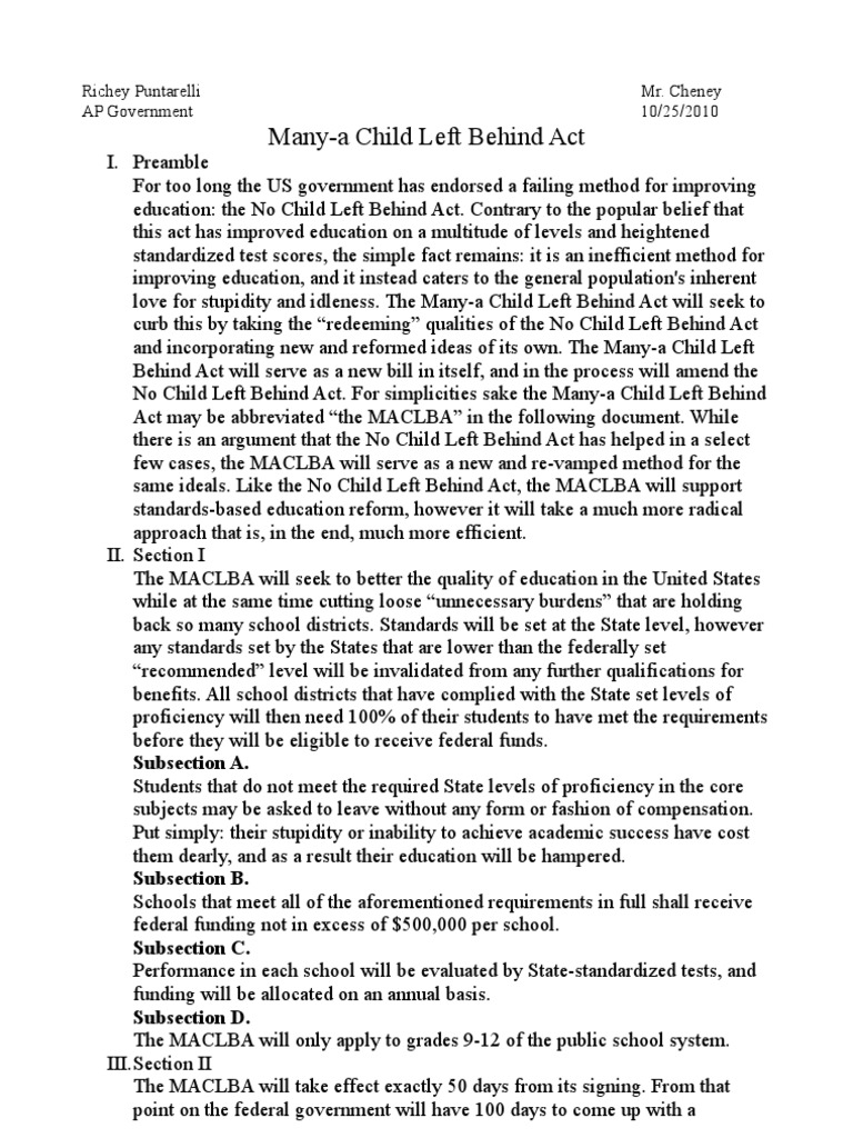 Reforming Education: Many-a Child Left Behind Act | PDF | No Child Left ...