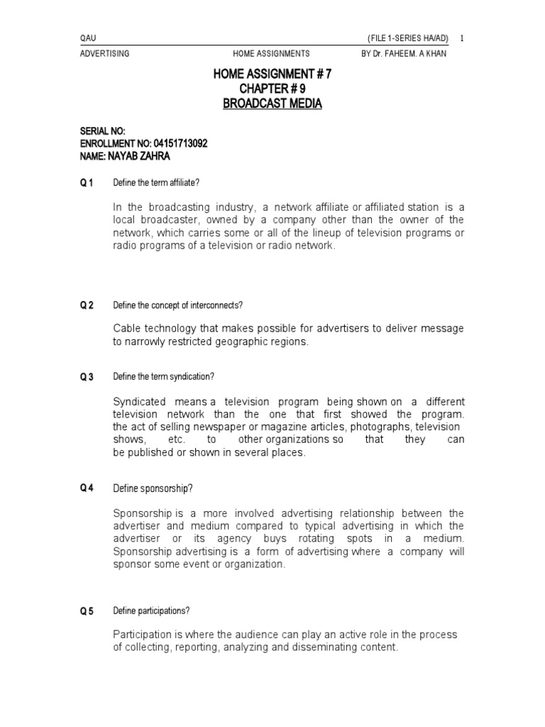 Assignment-7 Broadcast Media | PDF | Advertising | Mass Media