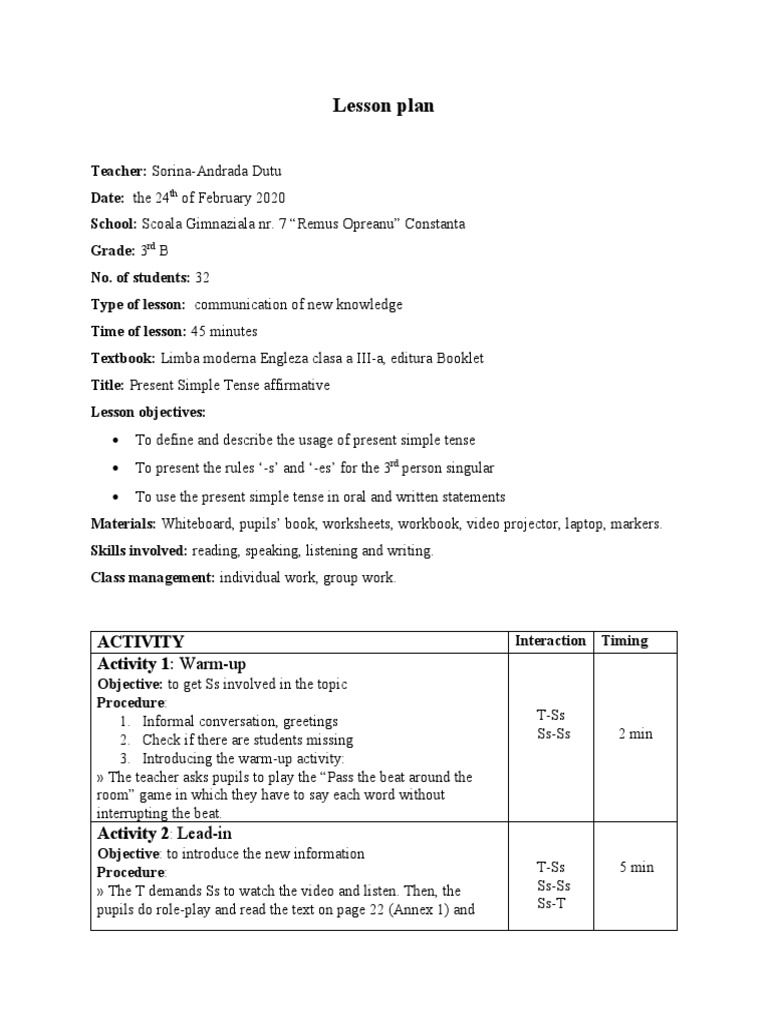 Lesson Plan Activity Activity 1 WarmUp PDF Verb Lesson Plan