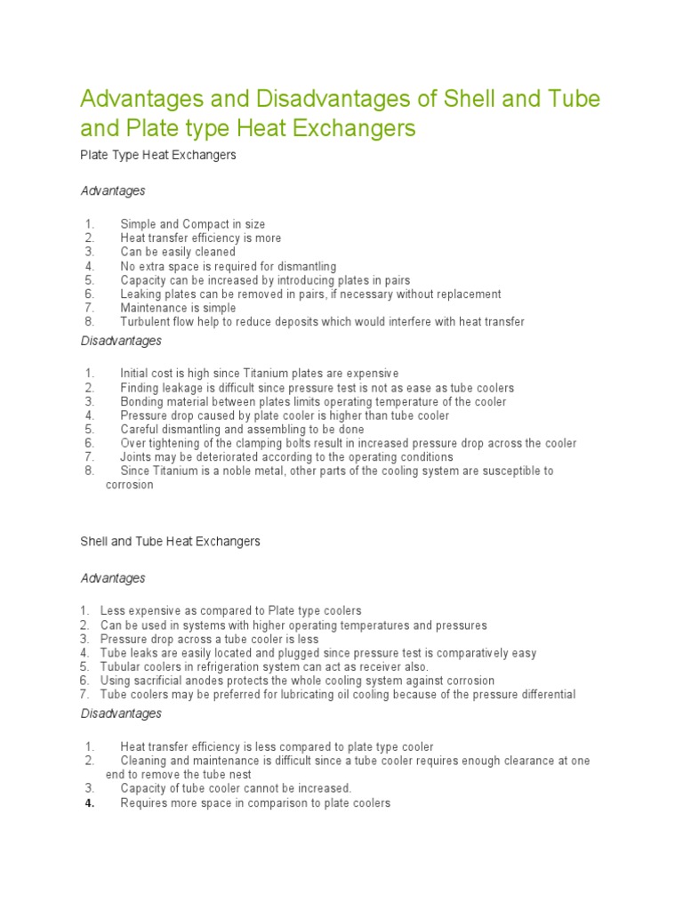 Advantages And Disadvantages Of Shell And Tube And Plate Type Heat Exchangers