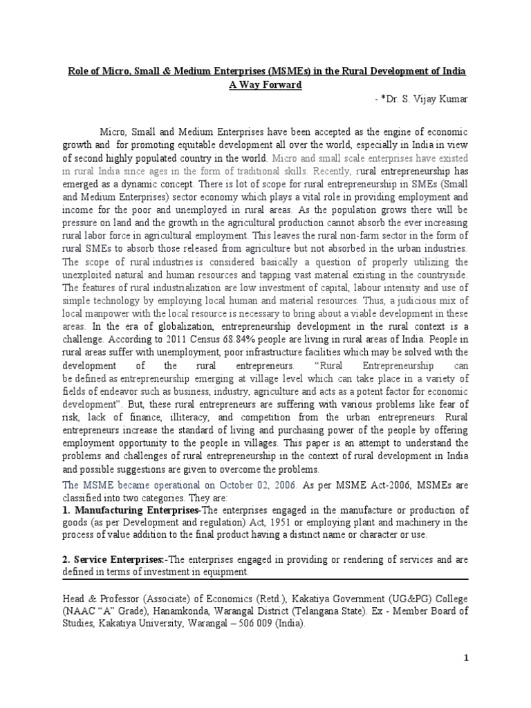 MSME Impact on Rural Development in India | PDF | Entrepreneurship ...