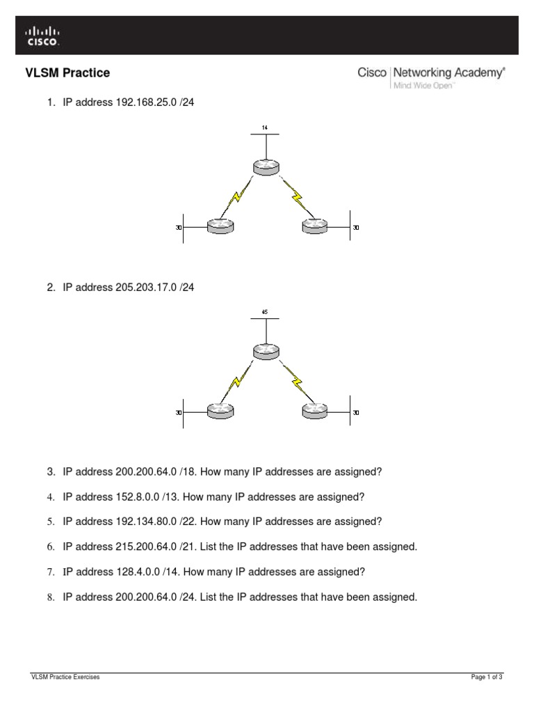 VLSM Practice Exercises Page 1 of 3 | PDF | Ip Address | Network ...