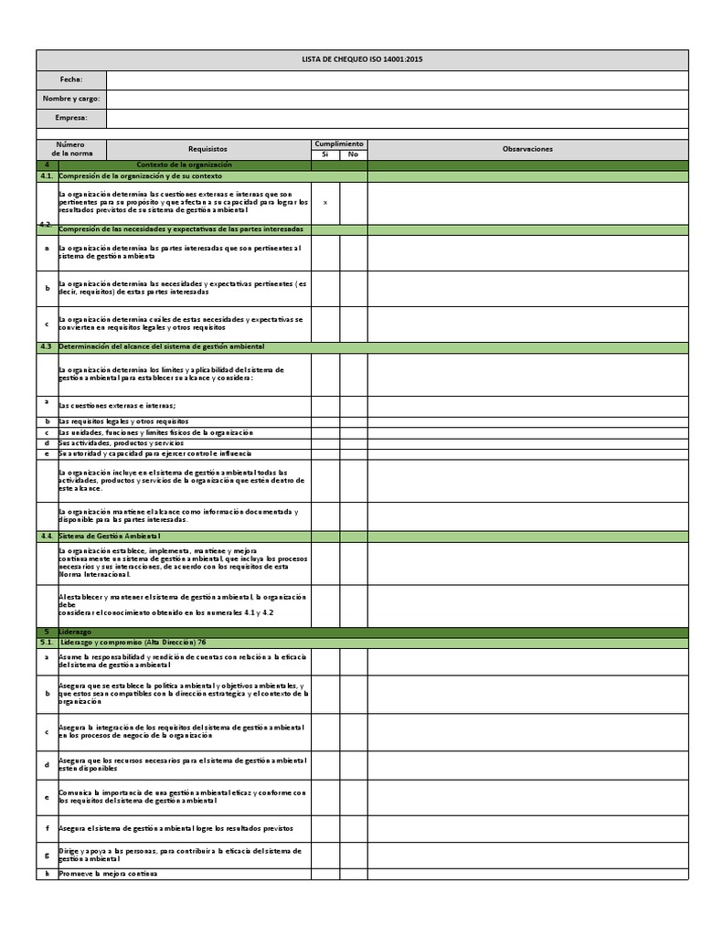 Lista de Chequeo ISO 14001:2015 | PDF | Evaluación del ciclo de vida ...