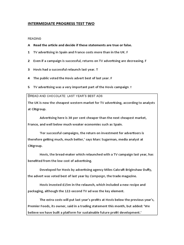 Intermediate Progress Test Two: Reading | PDF | Advertising | Economies
