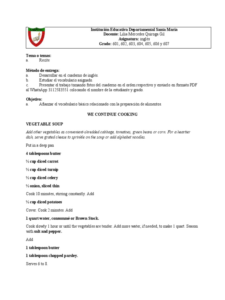 English Cooking Vocabulary Task | PDF