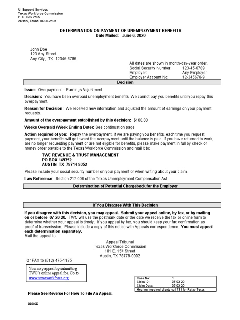 Sample Of Letter Sent To Overpayment Recipient Unemployment Benefits Social Security United States