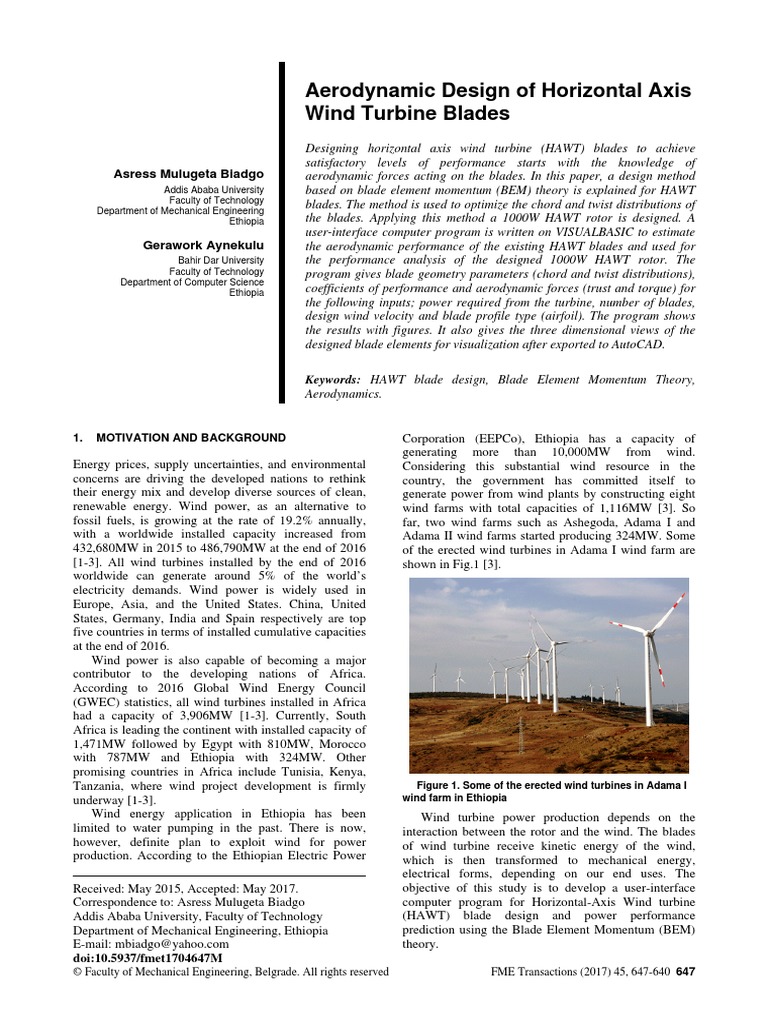 Aerodynamic Design of Horizontal Axis Wind Turbine Blades - Biadgo PDF ...