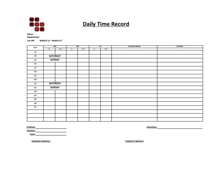 Daily Time Record Name Department Cut Off March 13 March 27 PDF