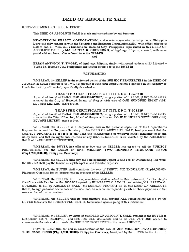 Real Estate Sale Agreement | PDF | Sales | Deed