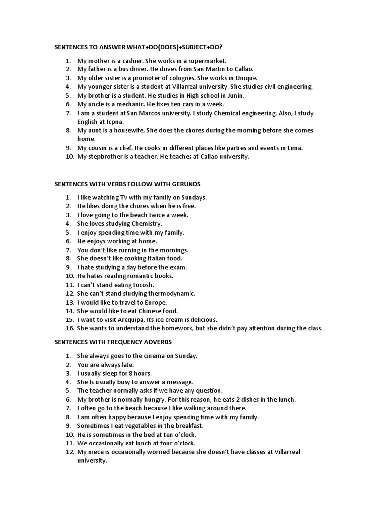 Sentences To Answer What+Do (Does) +Subject+Do? | PDF | Lunch | Syntax