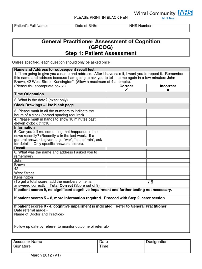 General Practitioner Assessment of Cognition (Gpcog) Step 1 Patient