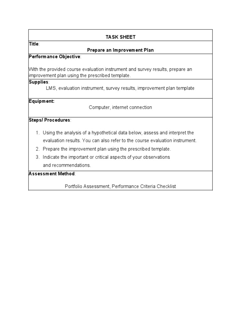 TASK SHEET - Improvement Plan | PDF