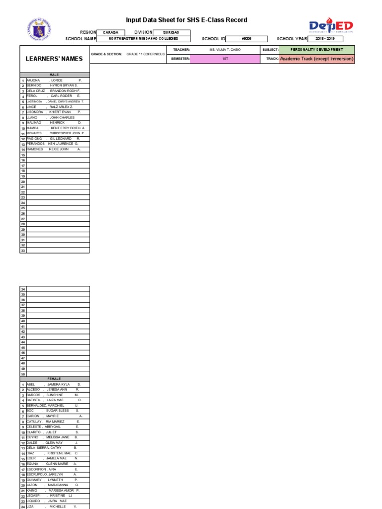 Input Data Sheet For SHS E-Class Record: Learners' Names | PDF