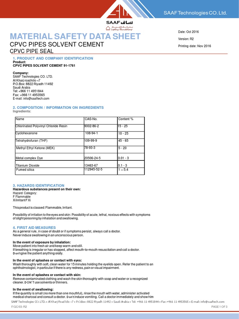 CPVC Pipes Solvent Cement Msds PDF Firefighting Water