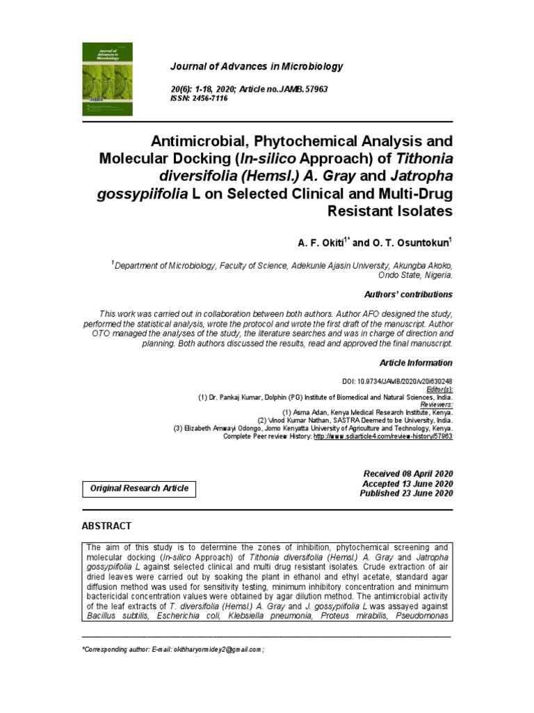 Antimicrobial, Phytochemical Analysis and Molecular Docking (In-Silico ...