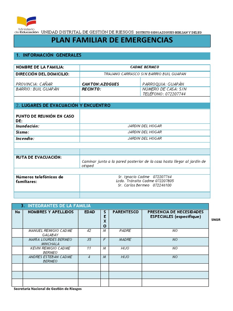 Plan Familiar de Emergencias | PDF | Primeros auxilios | Desastres y ...