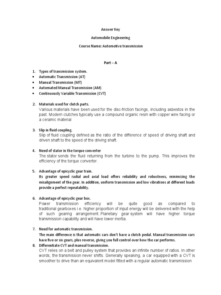Answer Key | PDF | Automatic Transmission | Transmission (Mechanics)