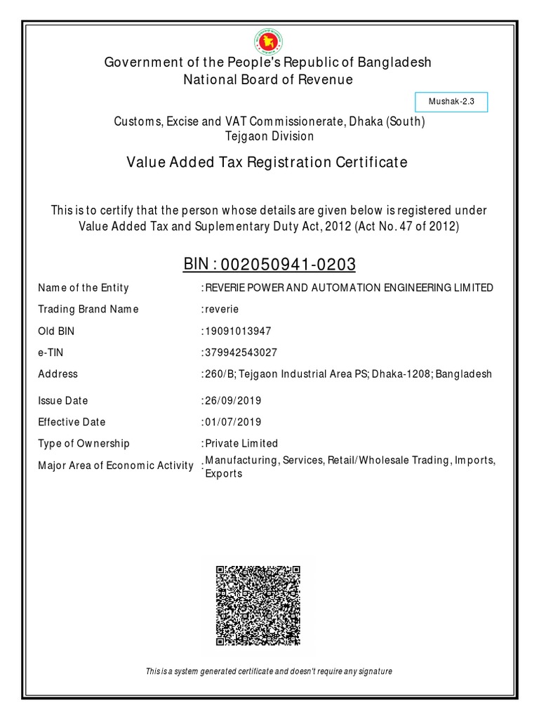 Value Added Tax Registration Certificate Government of The People's